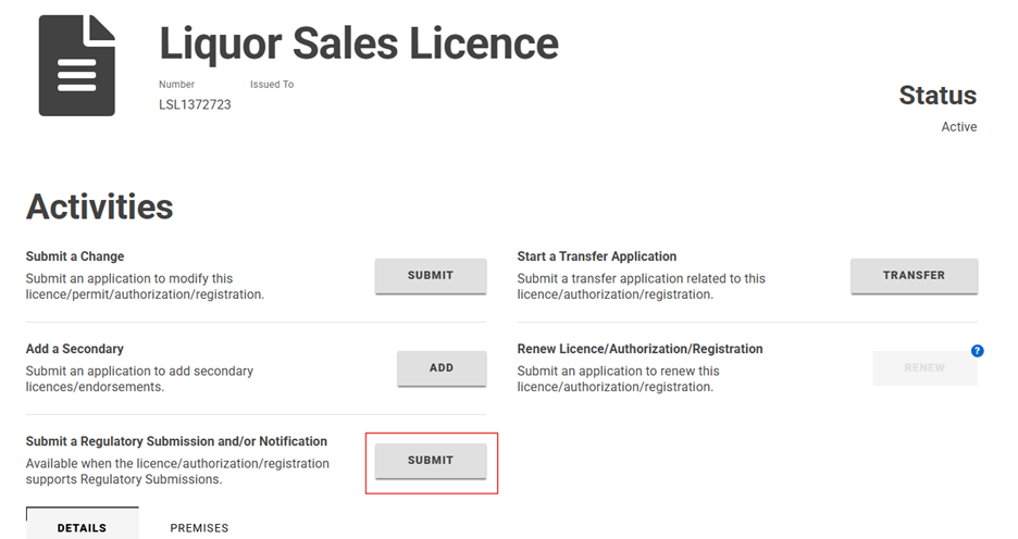 A screenshot of the Liquor Sales Licence page